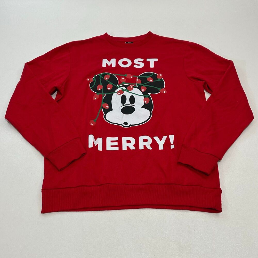 Disney Sweatshirt Red Mickey Mouse Holiday Crewneck Graphic Most Merry!, Size M
